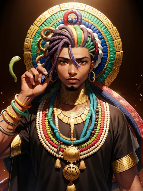 Homem negro africano , orixa oxumare, rainbow hair , snakes on the neck, God of Renewal, snake around , CG superior，（tmasterpiece），（detalhes insanos），（max quality）