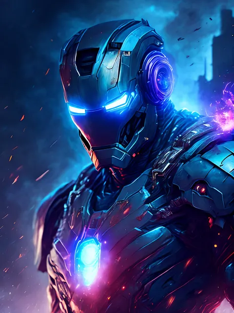 gloomy portrait of Zombie Iron Man from Marvel, extremely detailed, futuristic cityscape, nighttime, glowing neon lights, smoke, sparks, metal shavings, flying debris, blue energy effects, volumetric light