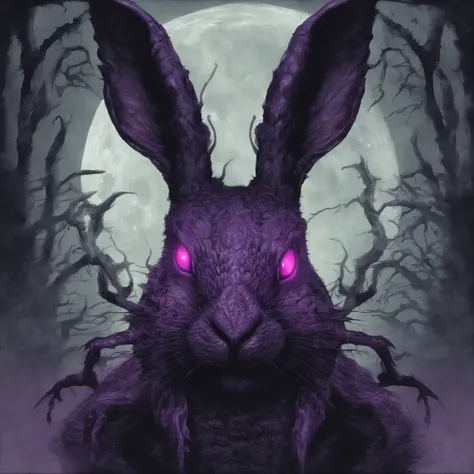 Rabbit with black and purple fur and magenta antlers, glowing eyes, night sky full of Eldritch horror and tentacles, best quality, masterpiece