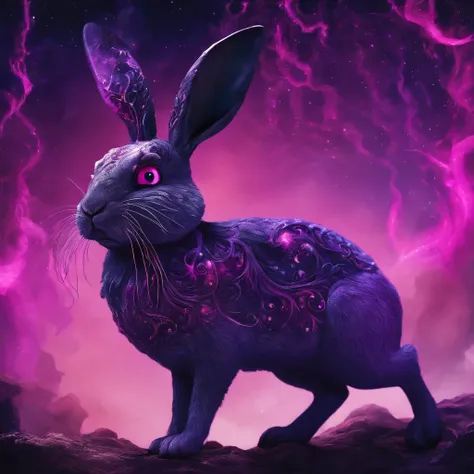 Rabbit with black and purple fur and magenta antlers, glowing eyes, night sky full of Eldritch horror and tentacles, best quality, masterpiece