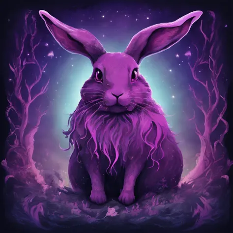 Rabbit with black and purple fur and magenta antlers, glowing eyes, night sky full of Eldritch horror and tentacles, best quality, masterpiece