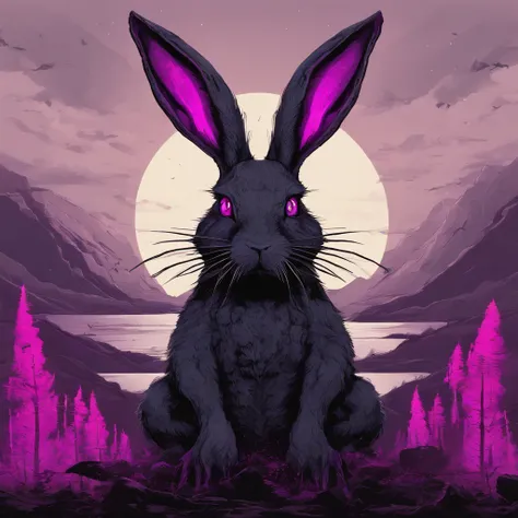 Rabbit with black and purple fur and magenta antlers, glowing eyes, night sky full of Eldritch horror and tentacles, best quality, masterpiece