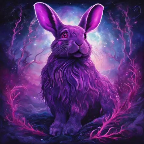 Rabbit with black and purple fur and magenta antlers, glowing eyes, night sky full of Eldritch horror and tentacles, best quality, masterpiece