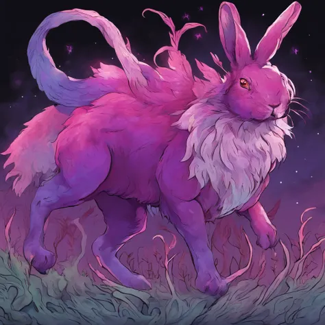 Rabbit with black and purple fur and magenta antlers, glowing eyes, night sky full of Eldritch horror and tentacles, best quality, masterpiece