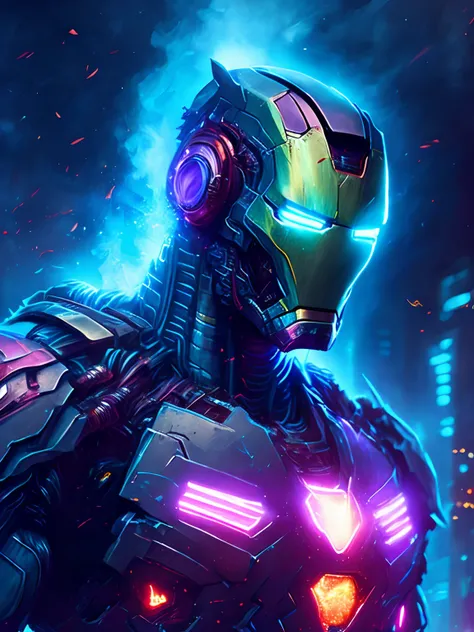 gloomy portrait of Zombie Iron Man from Marvel, extremely detailed, futuristic cityscape, nighttime, glowing neon lights, smoke, sparks, metal shavings, flying debris, blue energy effects, volumetric light