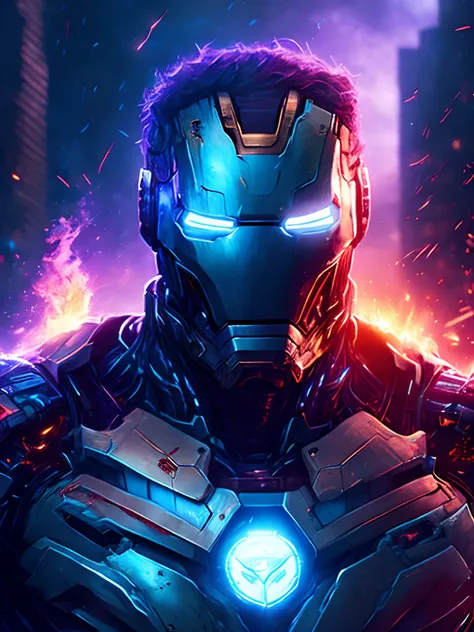 gloomy portrait of Zombie Iron Man from Marvel, extremely detailed, futuristic cityscape, nighttime, glowing neon lights, smoke, sparks, metal shavings, flying debris, blue energy effects, volumetric light