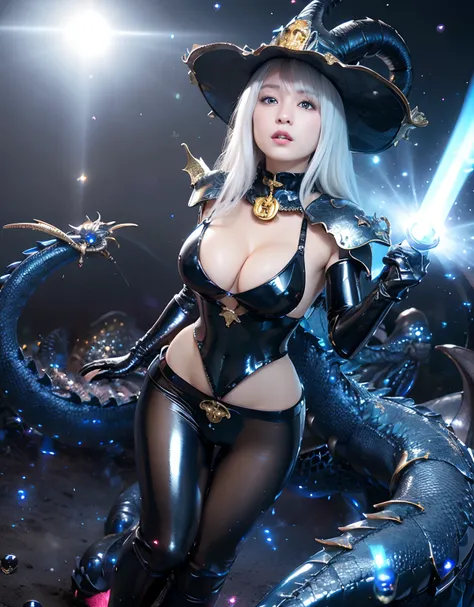 ((World of Darkness)),Professional , ​masterpiece、top-quality、photos realistic , depth of fields 、(((With a magic wand of gems))),（Dragon White Metal Body:1.9),(latexsilver-blue、（cleavage of the breast）（Fight dragons）、、(((Particles of light))),（Micro Bikin...