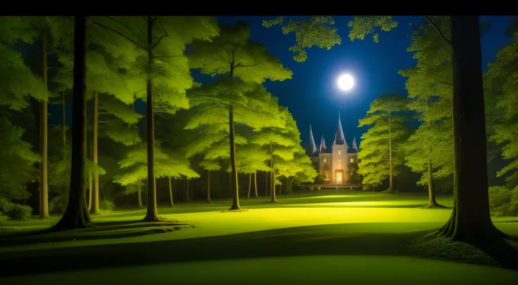 A forest of tranquility at night，in a panoramic view，Moonlight spills down the Tyndall pillar of light，Lush trees，Covered with moss，A dilapidated castle stands on the hillside，rays of moonlight，grand master，，tmasterpiece，the night，rays of moonlight，Light a...