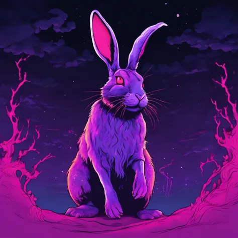 Rabbit with black and purple fur and magenta antlers, glowing eyes, night sky full of Eldritch horror and tentacles, best quality, masterpiece