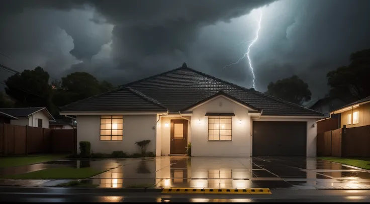 Overcast skies and a house in the middle of a storm, janelas iluminadas pela luz da casa, gotas de chuva caindo, with asphalt roof and sidewalks wet by rain, some trees around the house