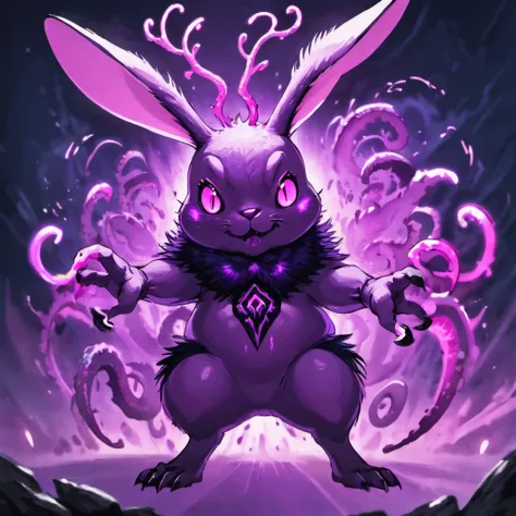 Rabbit with black and purple fur and magenta antlers, glowing eyes, night sky full of Eldritch horror and tentacles, best quality, masterpiece