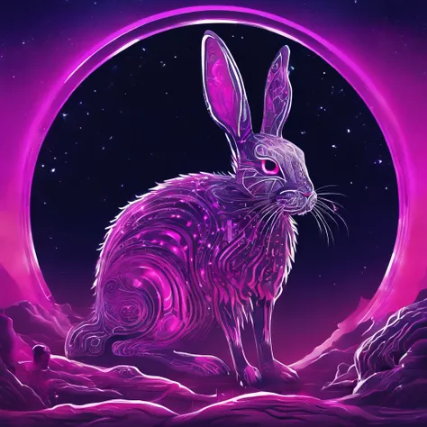 Rabbit with black and purple fur and magenta antlers, glowing eyes, night sky full of Eldritch horror and tentacles, best quality, masterpiece