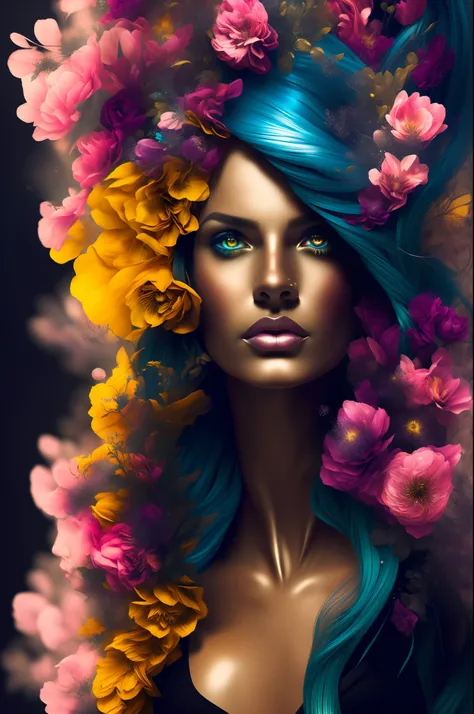 (masterpiece), (best quality), (photorealistic), ((a woman with intricately colored hair made up of flowers)), (long hair), (mag...