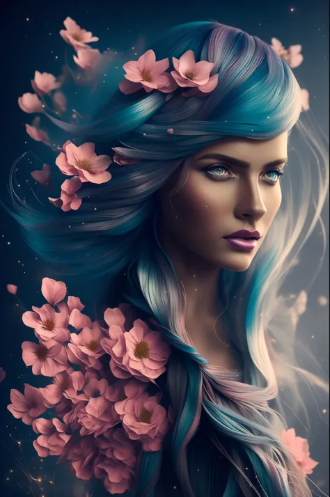 (masterpiece), (best quality), (photorealistic), ((a woman with intricately colored hair made up of flowers)), (long hair), (mag...