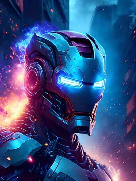 gloomy portrait of Zombie Iron Man from Marvel, extremely detailed, futuristic cityscape, nighttime, glowing neon lights, smoke, sparks, metal shavings, flying debris, blue energy effects, volumetric light