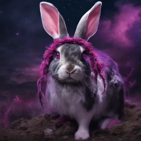 Rabbit with black and purple fur and magenta antlers, glowing eyes, night sky full of Eldritch horror and tentacles, best quality, masterpiece