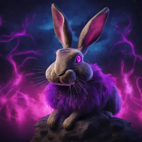 Rabbit with black and purple fur and magenta antlers, glowing eyes, night sky full of Eldritch horror and tentacles, best quality, masterpiece