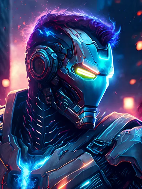 gloomy portrait of Zombie Iron Man from Marvel, extremely detailed, futuristic cityscape, nighttime, glowing neon lights, smoke, sparks, metal shavings, flying debris, blue energy effects, volumetric light