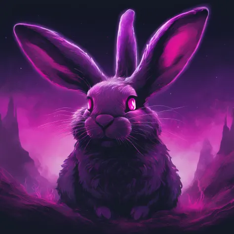 Rabbit with black and purple fur and magenta antlers, glowing eyes, night sky full of Eldritch horror and tentacles, best quality, masterpiece