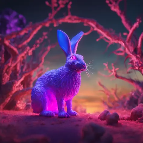 Rabbit with black and purple fur and magenta antlers, glowing eyes, night sky full of Eldritch horror and tentacles, best quality, masterpiece