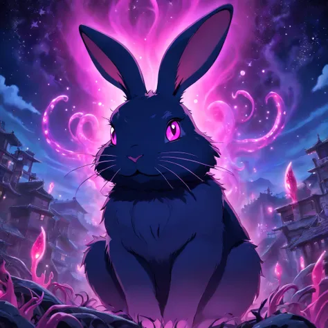 Rabbit with black and purple fur and magenta antlers, glowing eyes, night sky full of Eldritch horror and tentacles, best quality, masterpiece