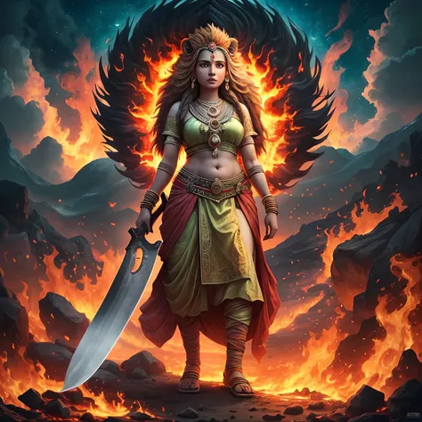 An ancient Indian goddess, holding a machete, standing on the ground, little clothes, and the background is full of a sea of fire that fills the sky, (lion standing nearby), colorful, eye-catching, heavenly.