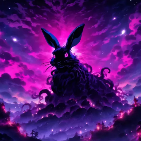 Rabbit with black and purple fur and magenta antlers, glowing eyes, night sky full of Eldritch horror and tentacles, best quality, masterpiece