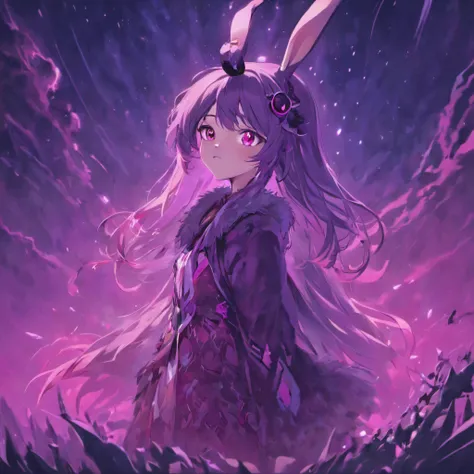 Rabbit with black and purple fur and magenta antlers, glowing eyes, night sky full of Eldritch horror and tentacles, best quality, masterpiece