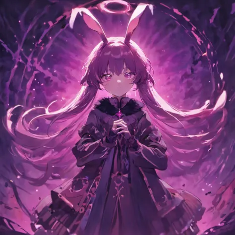 Rabbit with black and purple fur and magenta antlers, glowing eyes, night sky full of Eldritch horror and tentacles, best quality, masterpiece