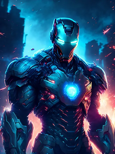 gloomy portrait of Zombie Iron Man from Marvel, extremely detailed, futuristic cityscape, nighttime, glowing neon lights, smoke, sparks, metal shavings, flying debris, blue energy effects, volumetric light