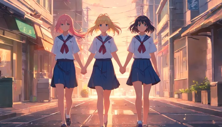 3 girls,Schuluniform, Stadt,spatzieren gehen, Hold hands, 女の子1人 ,schwarze haare, 2. Girl Blonde hair, 3.Girl Pink Hair, ultrahochauflösent 8K