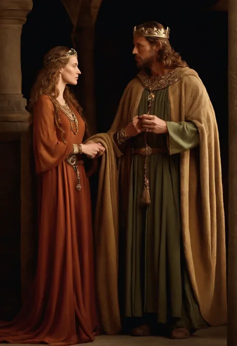 "Aethelwulf, king of Wessex, and his wife Judith of Flanders, in a court scene in A VIKING VILLAGE
"Judith of Flanders, with a serene and dignified expression, holding a rich silk robe and jewels in her hand.