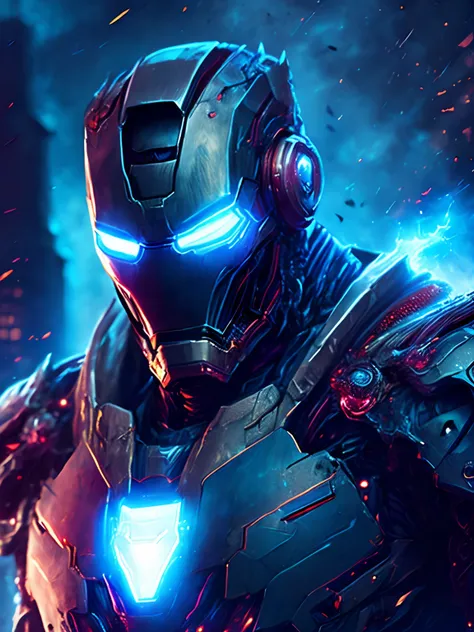 gloomy portrait of Zombie Iron Man from Marvel, extremely detailed, futuristic cityscape, nighttime, glowing neon lights, smoke, sparks, metal shavings, flying debris, blue energy effects, volumetric light