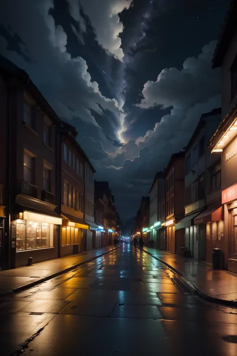 Street, lights, dim light, night time, bright stars, partly cloudy atmosphere,