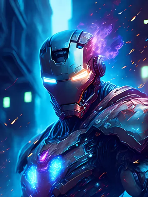 gloomy portrait of Zombie Iron Man from Marvel, extremely detailed, futuristic cityscape, nighttime, glowing neon lights, smoke, sparks, metal shavings, flying debris, blue energy effects, volumetric light