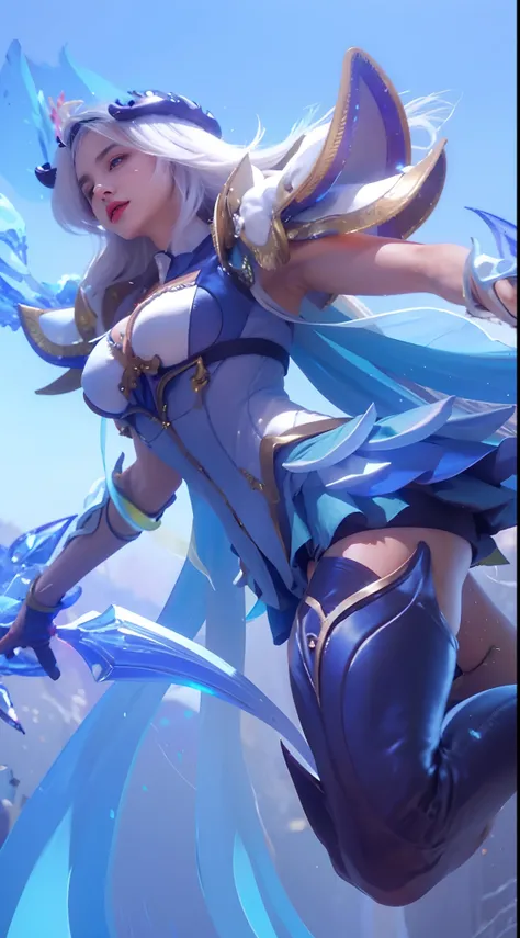 Realistic, 8k, 1girl, long white hair, Chinese, white eyes,heterochromic eyes, moles under the eyes, thick eyebrows, Armpits, white bra, tuned abs, thighs, in sky