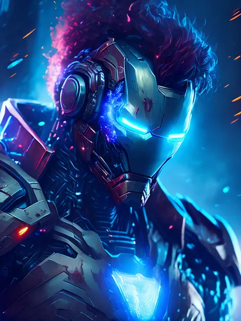 gloomy portrait of Zombie Iron Man from Marvel, extremely detailed, futuristic cityscape, nighttime, glowing neon lights, smoke, sparks, metal shavings, flying debris, blue energy effects, volumetric light