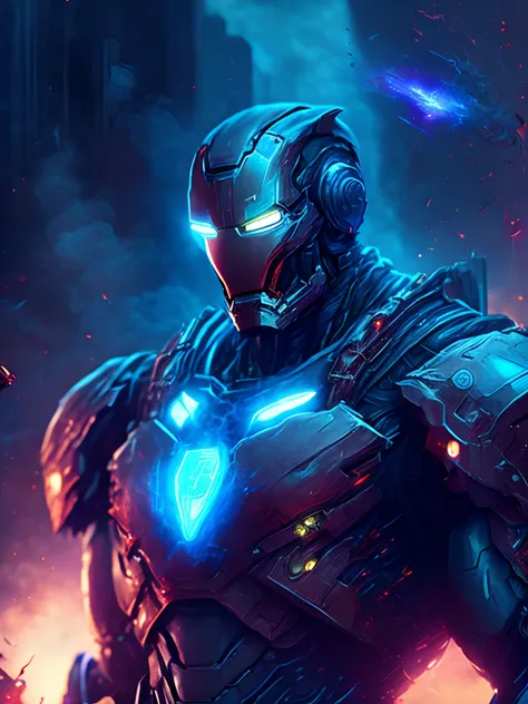 gloomy portrait of Zombie Iron Man from Marvel, extremely detailed, futuristic cityscape, nighttime, glowing neon lights, smoke, sparks, metal shavings, flying debris, blue energy effects, volumetric light