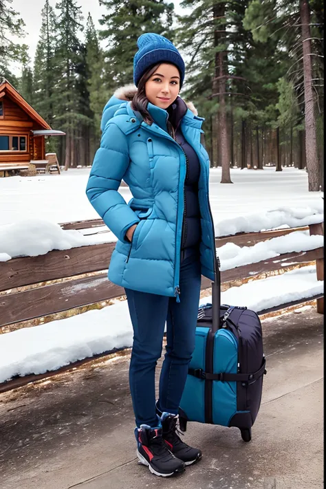 Make a woman with big breast, Blue long winterjacket , with open zipper, with face, body, Lakeside house, travel bag, dog,