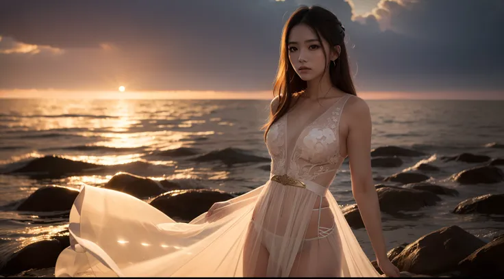 partial underwater shot，Ancient Chinese transparent gauze dress，Women dance，best qualityer，16k high resolution wallpaper，Cinematic lighting，perfect bodies，s the perfect face，The waterline is depicted in detail，The setting sun shines