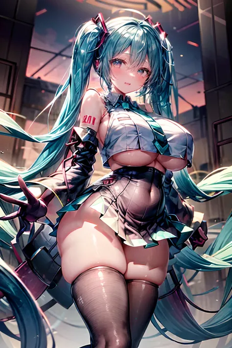 Create an image for the cover of Chapter 6 of the book 2067 with hatsune miku facing the viewer looking concerned,1girl, aqua_hair, areolae, bare_shoulders, black_legwear, blue_hair, blush, breasts, cosplay, gigantic_breasts, gloves, gradient_hair, grey_ba...