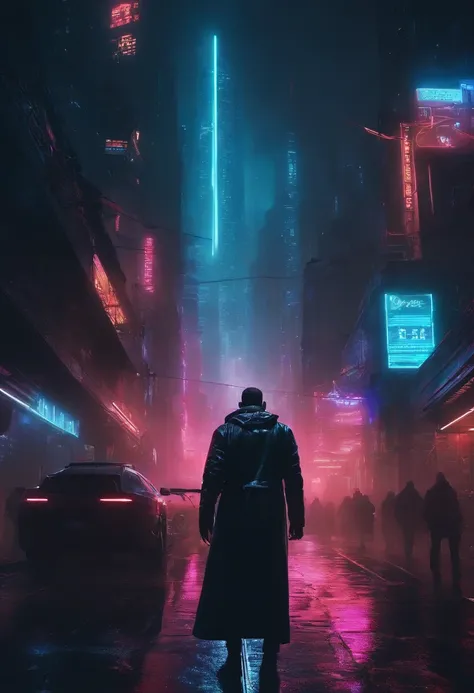 Cyberpunk city illuminated with neon lights, Paisaje urbano futurista, Dystopian art in the dark, Fondo de pantalla 4k. Ambiente lluvioso y brumoso, evocando un futuro malhumorado y desolado."