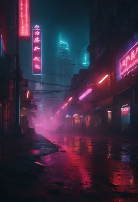 Cyberpunk city illuminated with neon lights, Paisaje urbano futurista, Dystopian art in the dark, Fondo de pantalla 4k. Ambiente lluvioso y brumoso, evocando un futuro malhumorado y desolado."