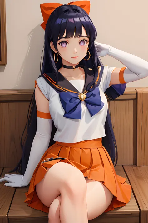 masterpiece, best quality, highres, venus1, 1girl, solo, sailor senshi uniform, sailor venus, long dark blue hair, magical girl, purple eyes, orange skirt, elbow gloves, tiara, pleated skirt, hair bow, orange sailor collar, miniskirt, choker, red bow, oran...