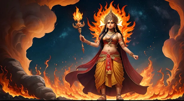 An ancient Indian goddess Durgha, holding a trishul, standing on the ground, little clothes, and the background is full of a sea of fire that fills the sky, (lion standing nearby) lion angry standing nearby ancient Indian goddess.