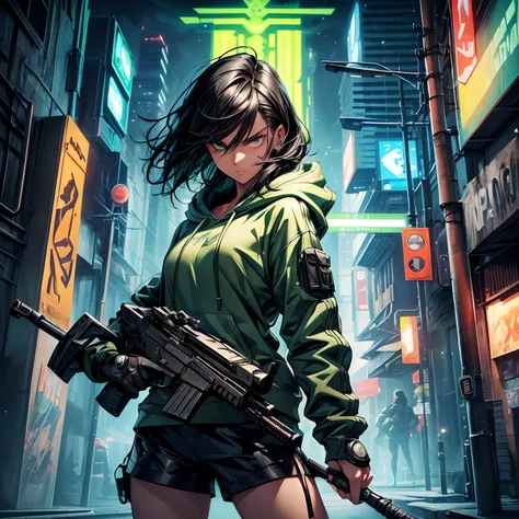 (black hair, detailed)

(front view, serious expression)

(futuristic gun, detailed, glowing)

(green hoodie and shorts)

(urban background, futuristic setting)

(realism, ultra realistic, detailed features, high resolution)

(retro futuristic style, vibra...