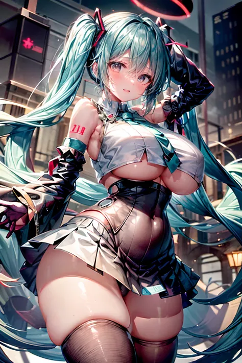 Create an image for the cover of Chapter 6 of the book 2067 with hatsune miku facing the viewer looking concerned,1girl, aqua_hair, areolae, bare_shoulders, black_legwear, blue_hair, blush, breasts, cosplay, gigantic_breasts, gloves, gradient_hair, grey_ba...