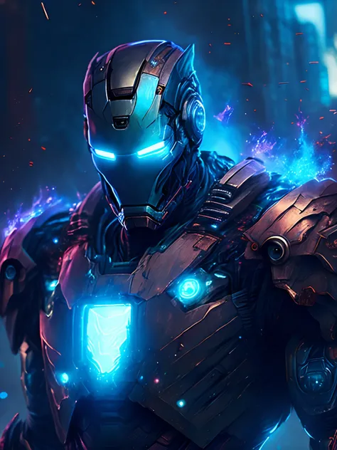 gloomy portrait of Zombie Iron Man from Marvel, extremely detailed, futuristic cityscape, nighttime, glowing neon lights, smoke, sparks, metal shavings, flying debris, blue energy effects, volumetric light