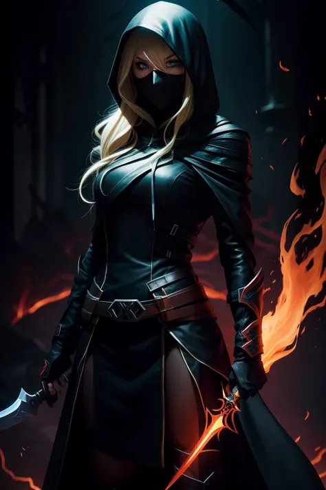 Rogue assassin girl, wearing a hood, blonde hair, shrouded in shadows, holding a flaming dagger in each hand, vibrant glowing abyssal colors, entirely in frame, FULL BODY, radiating electrical energy, shoulder length messy hair