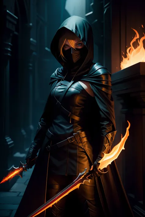 Rogue assassin girl, wearing a hood, blonde hair, shrouded in shadows, holding a flaming dagger in each hand, vibrant glowing abyssal colors, entirely in frame, FULL BODY, radiating electrical energy, shoulder length messy hair